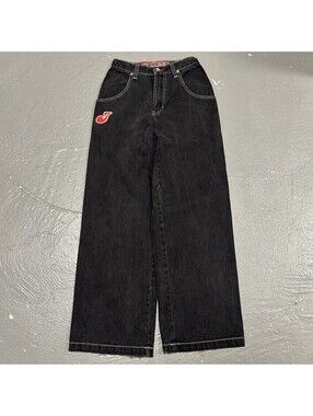 VINTAGE 90s JNCO Loosey Girl Denim Wide Leg Jeans Black Patch Size 3 (24W x 30L)